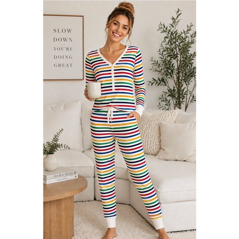 Women's HANNA ANDERSSON 2 Piece Multi Stripe Pajamas Henley Organic Cotton Small